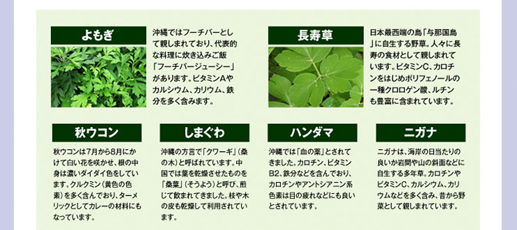 よもぎ,長寿草,秋ウコン,しまぐわ,ハンダマ,ニガテ